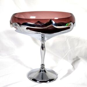 Vintage Farber Bros New York Chrome Amethyst Art Deco Glass Pedestal Comport.